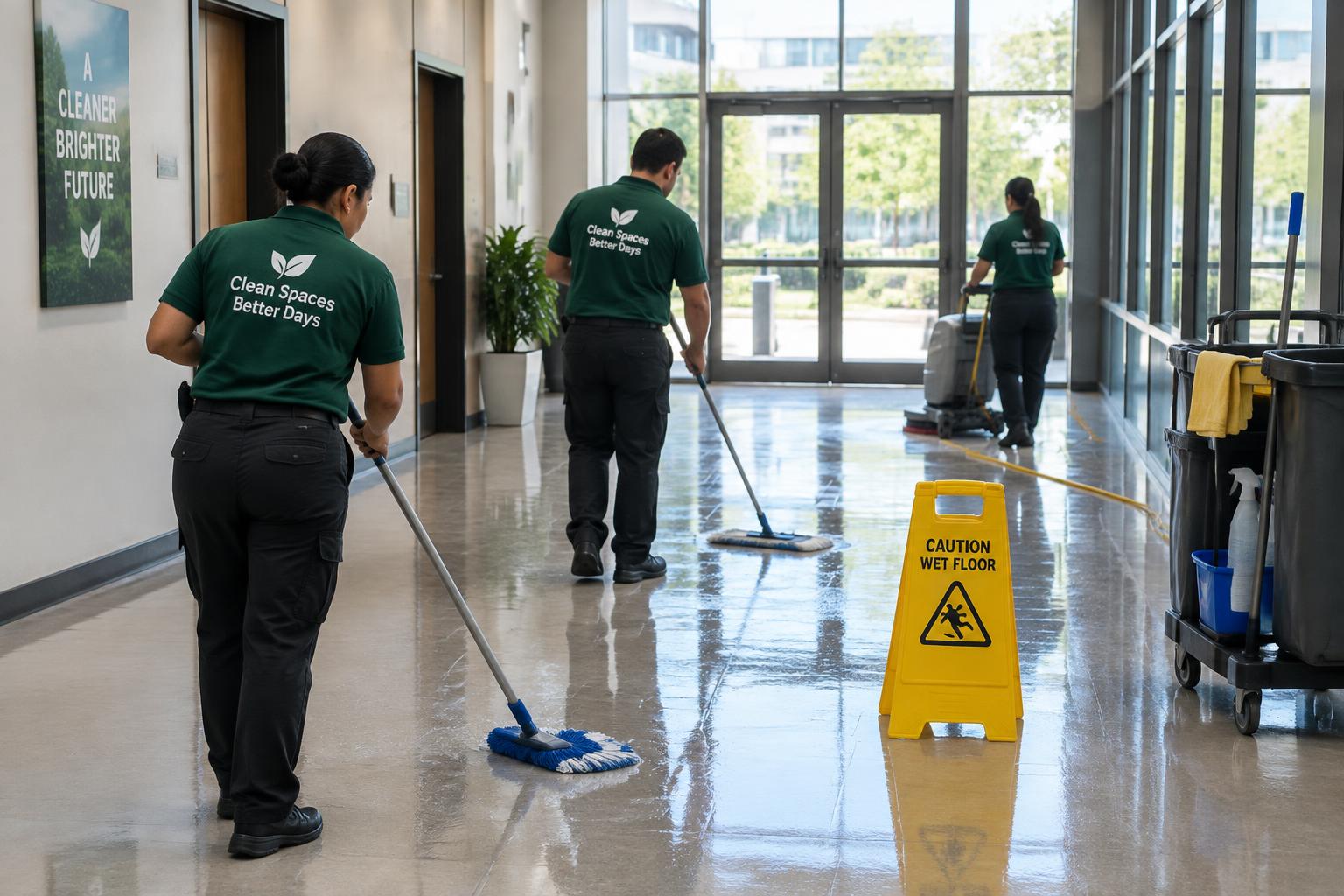 A Pestco Solutions crew mopping a long commercial hallway