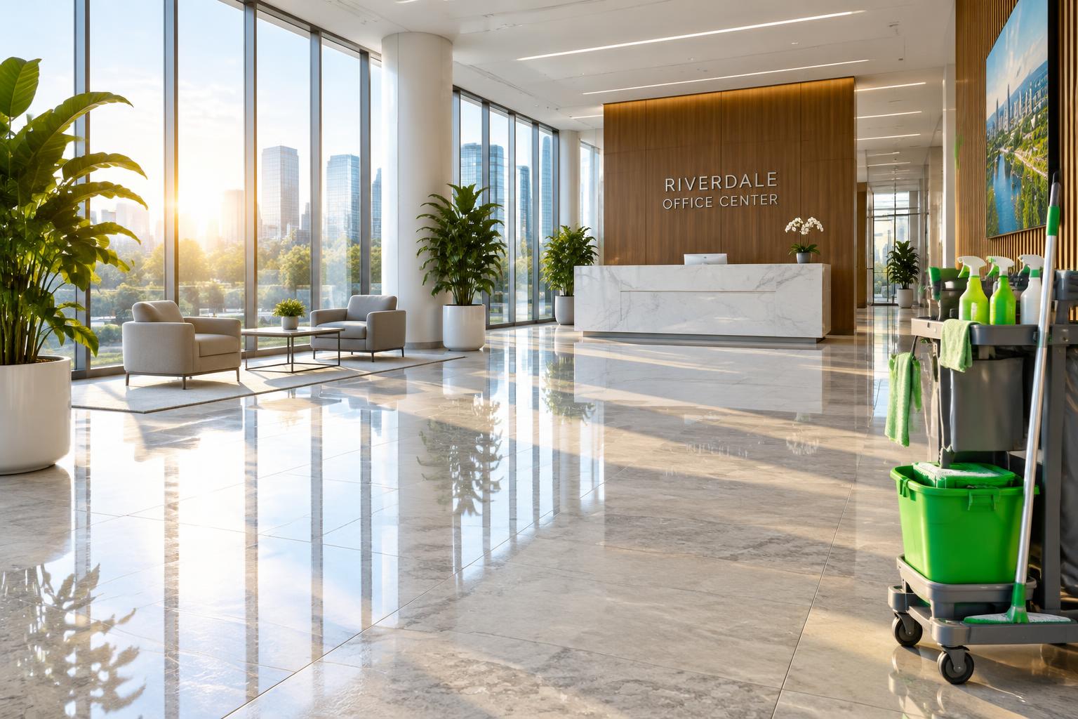 A spotless office lobby with polished floors in the morning light